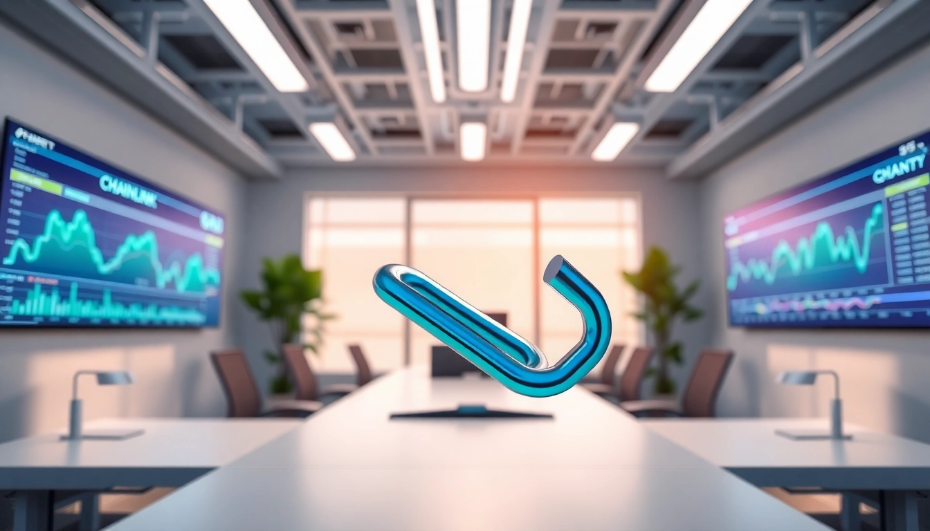 Visual representation comparing chainlink vs quant with digital elements and blockchain motifs.