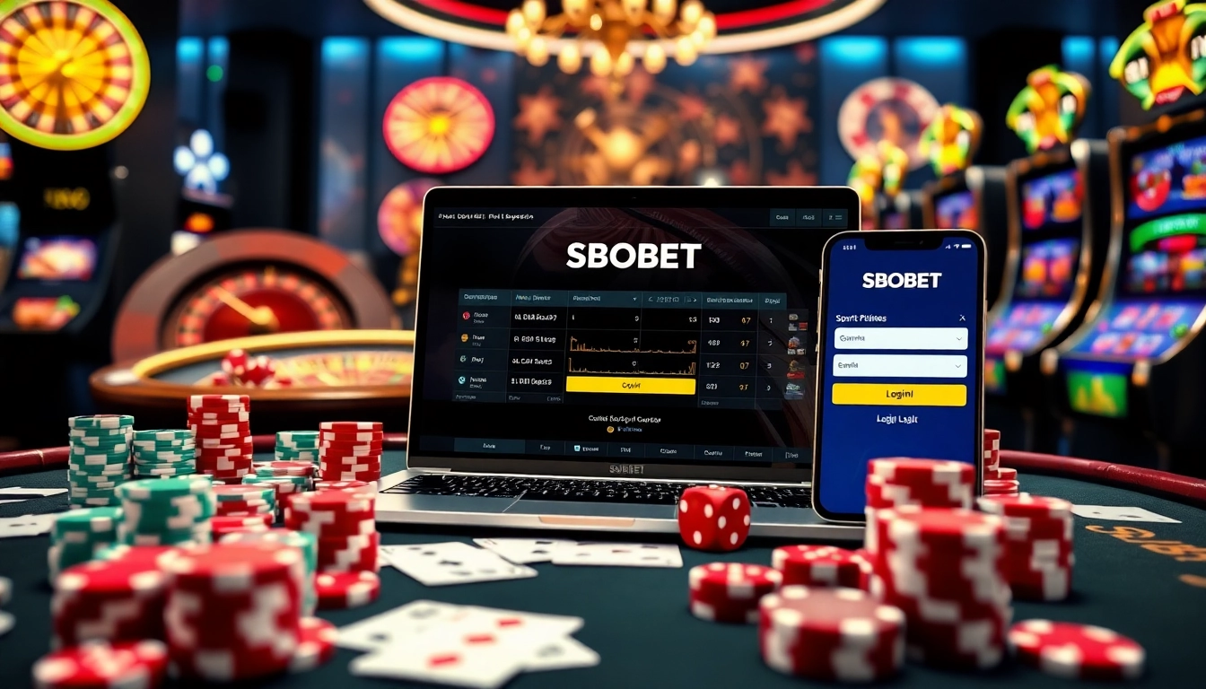 Experience sbobet login terbaru with a vibrant online gambling scene filled with poker chips, cards, and betting odds.
