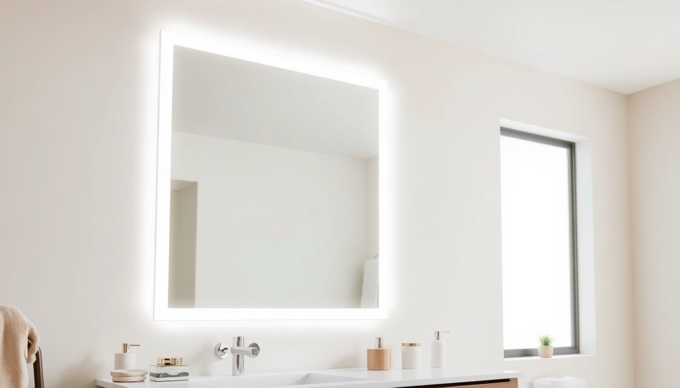 Admire this bathroom mirror with LED light illuminating a stylish modern bathroom setting.