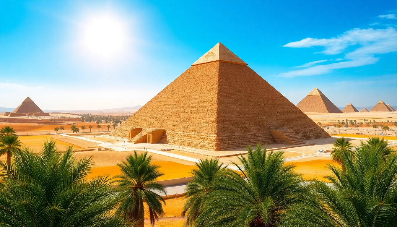 Explore the majestic piraminds of Giza reflecting ancient architecture under bright sunlight.