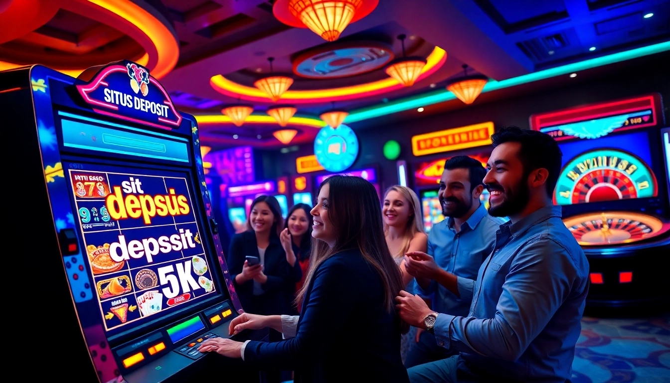 Experience situs deposit 5k excitement at a vibrant casino, engaging with joyful players at a slot machine.