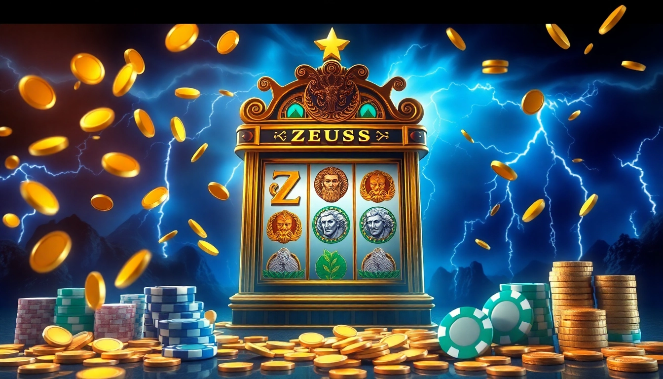 Engage with the zeus slot gaming experience with vibrant visuals of the luxury-themed slot machine and casino atmosphere.