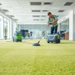 Optimize your spaces with commercial carpet cleaning, showcasing expert technicians in action within a modern office.
