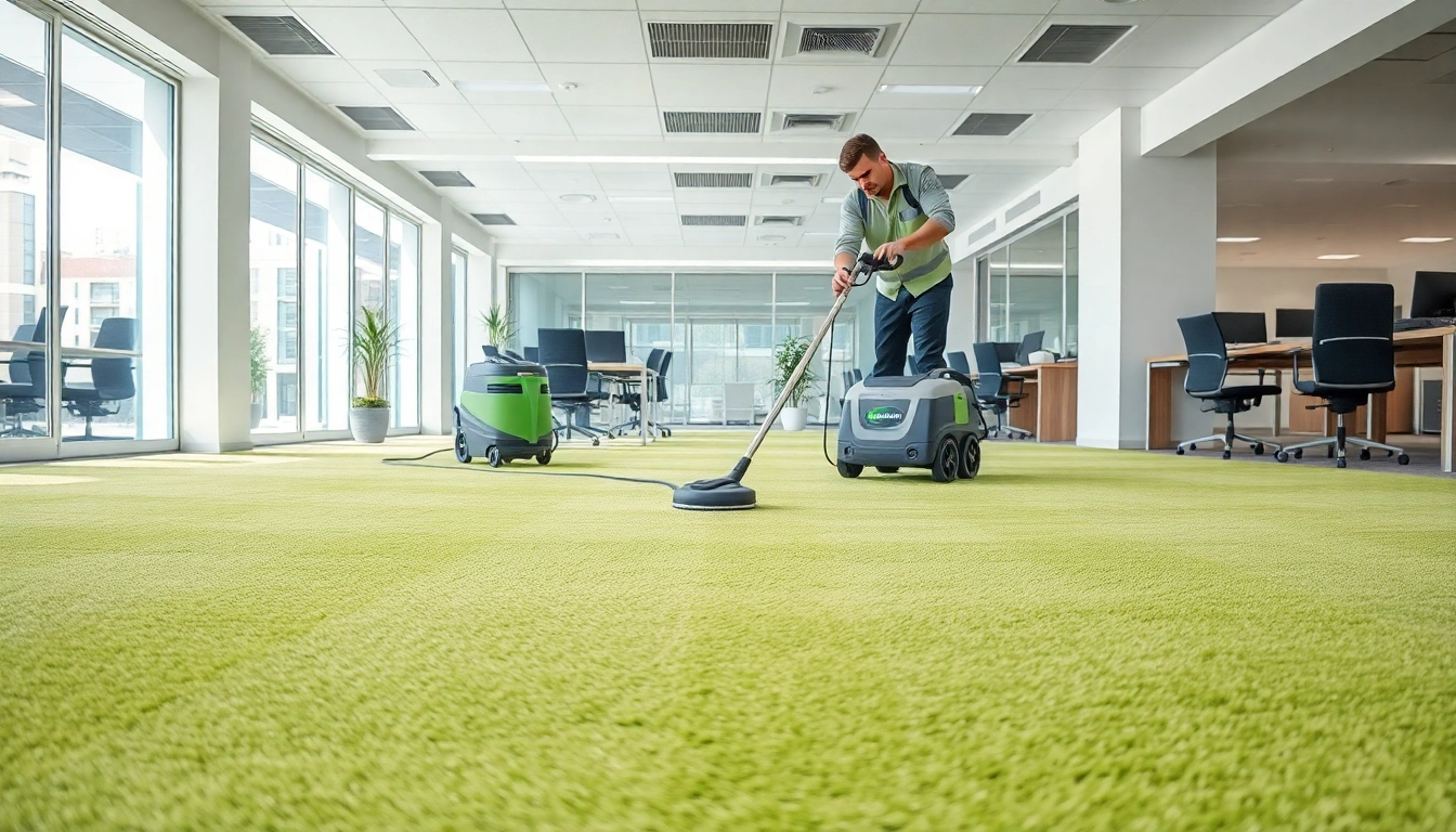 Optimize your spaces with commercial carpet cleaning, showcasing expert technicians in action within a modern office.