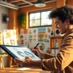 Animationsagentur creating vibrant character designs in a lively workspace.