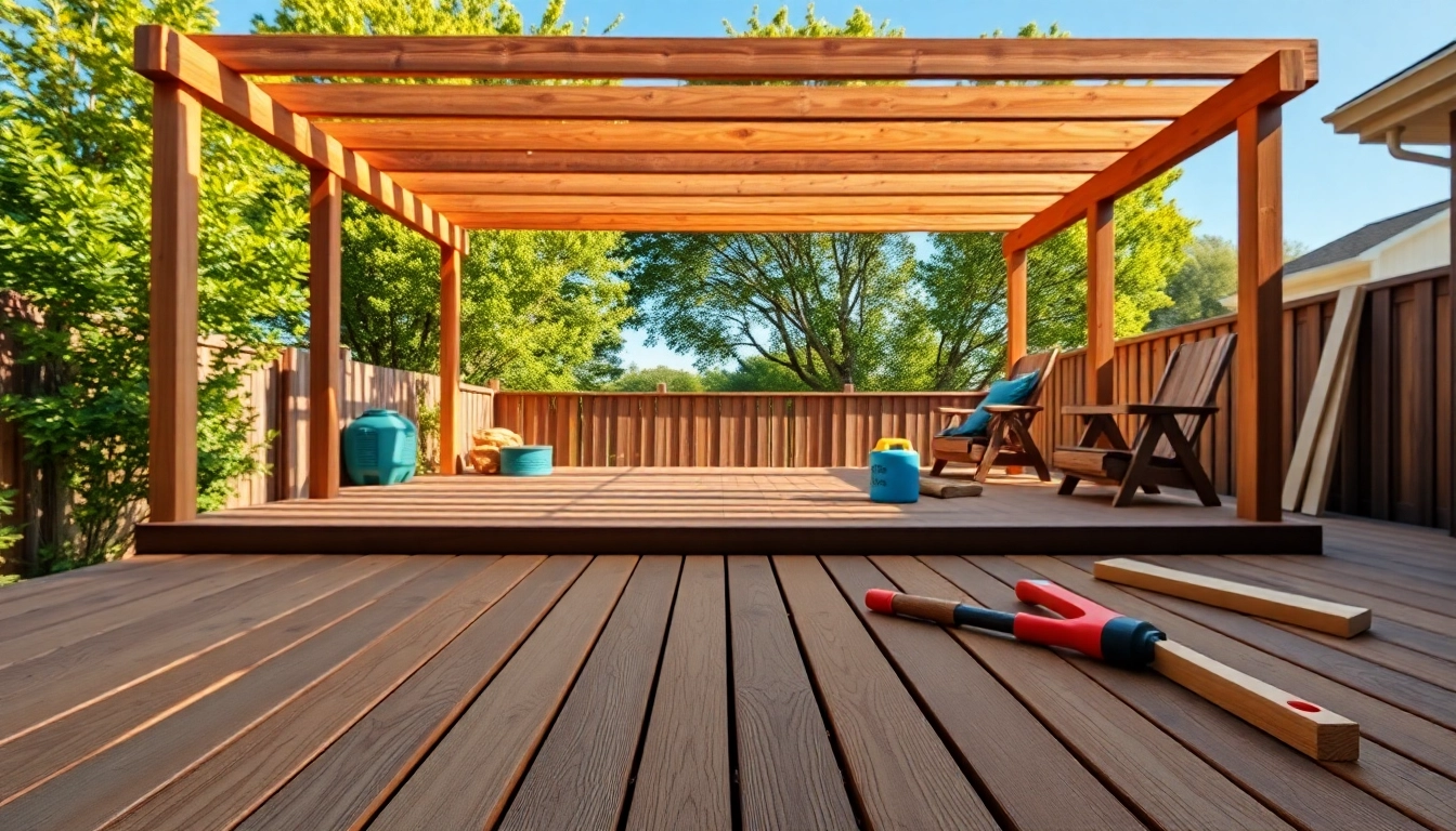 Engaging deck building scene with tools and materials in a sunny backyard setting.