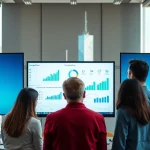 Visual representation of AI for competitive intelligence being used by a diverse team analyzing market data.