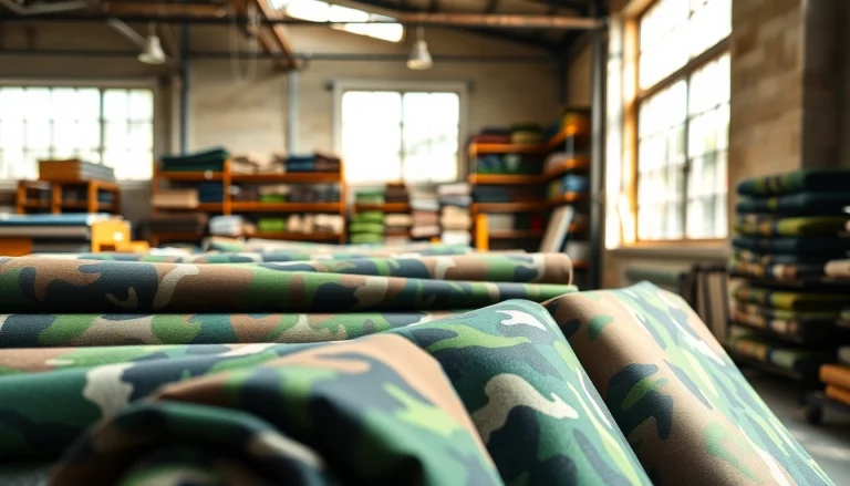 Bekijk stijlvolle camouflage stoffen in een creatief atelier met unieke ontwerpen.
