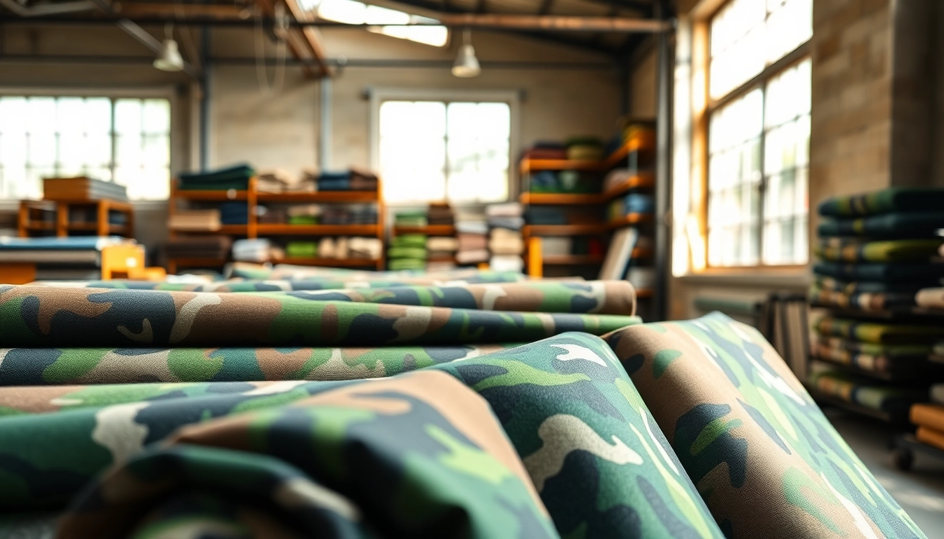 Bekijk stijlvolle camouflage stoffen in een creatief atelier met unieke ontwerpen.