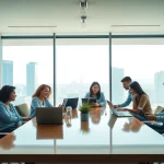 A dynamic team at a digital marketing company collaborating in a modern office setting.