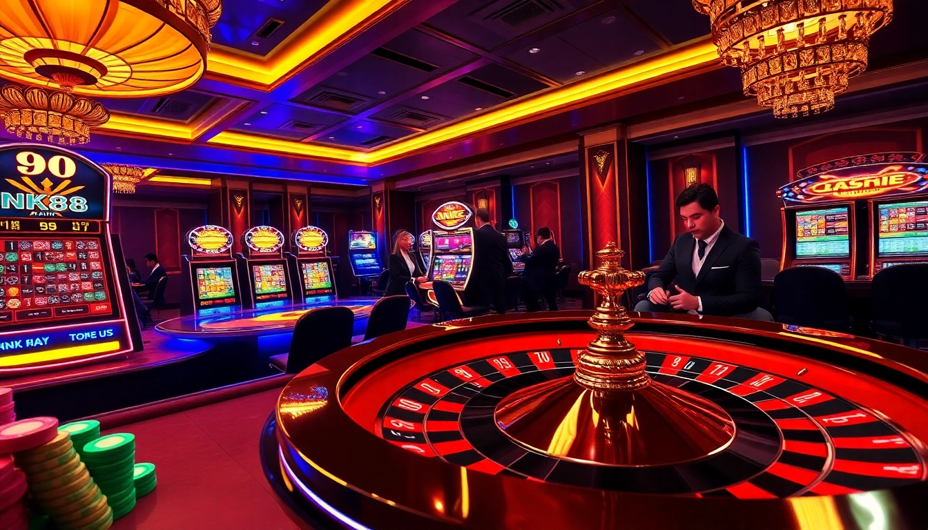 NK88 gamblers engaging in thrilling casino gameplay with vibrant tables and glowing slot machines.