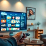 View a user engaging with a public iptv playlist on a modern device in a cozy living room.