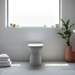 Copri wc moderno in un bagno elegante con accessori coordinati e illuminazione naturale.