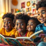 A joyful group of children enjoying African American cartoons in a cozy setting.