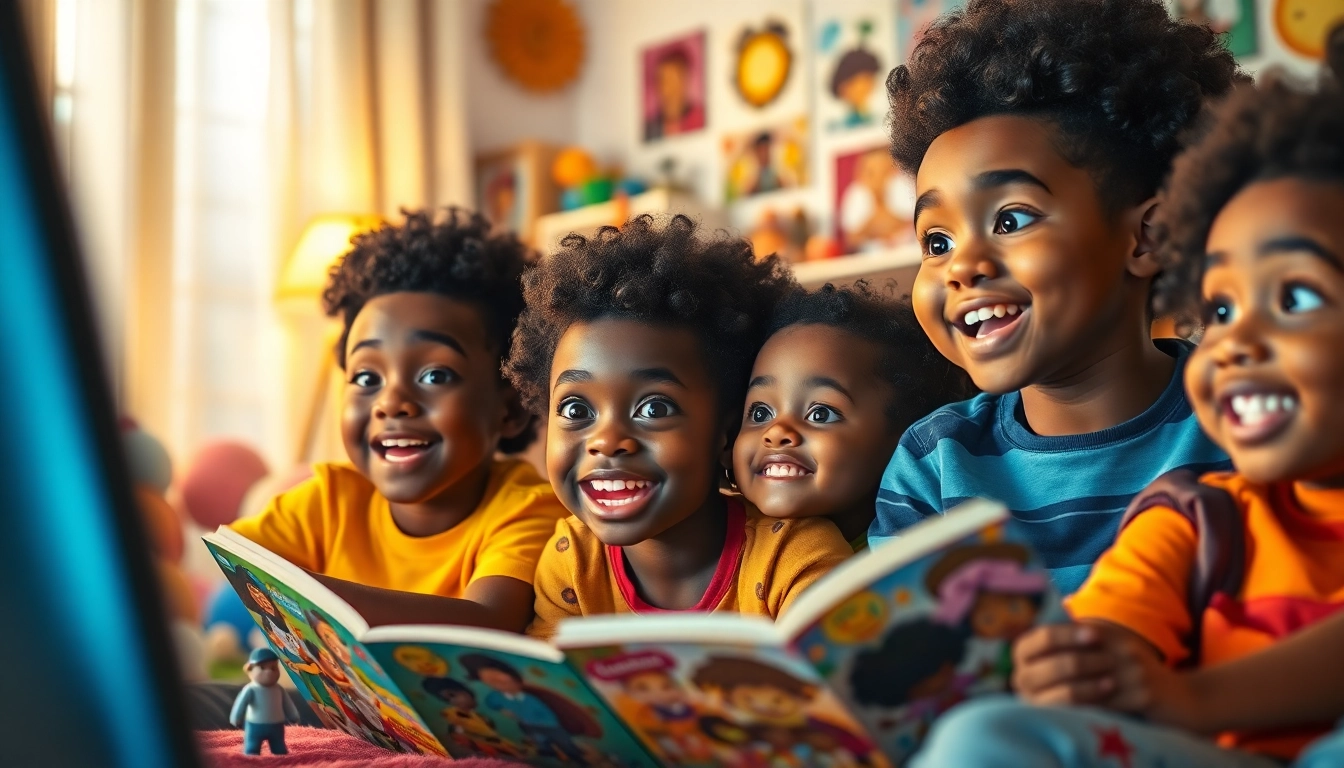 A joyful group of children enjoying African American cartoons in a cozy setting.