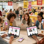 Excited shoppers exploring Hubet 88's online sales and new products in a vibrant e-commerce atmosphere