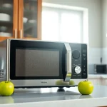 Enhance your kitchen with this stylish microwave oven, showcasing its sleek design and vibrant setting.