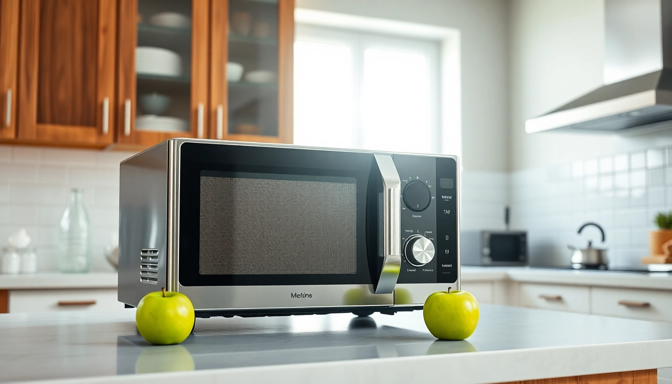 Enhance your kitchen with this stylish microwave oven, showcasing its sleek design and vibrant setting.