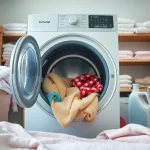 Katoen stof wassen met frisse stoffen in een stijlvolle wasruimte.
