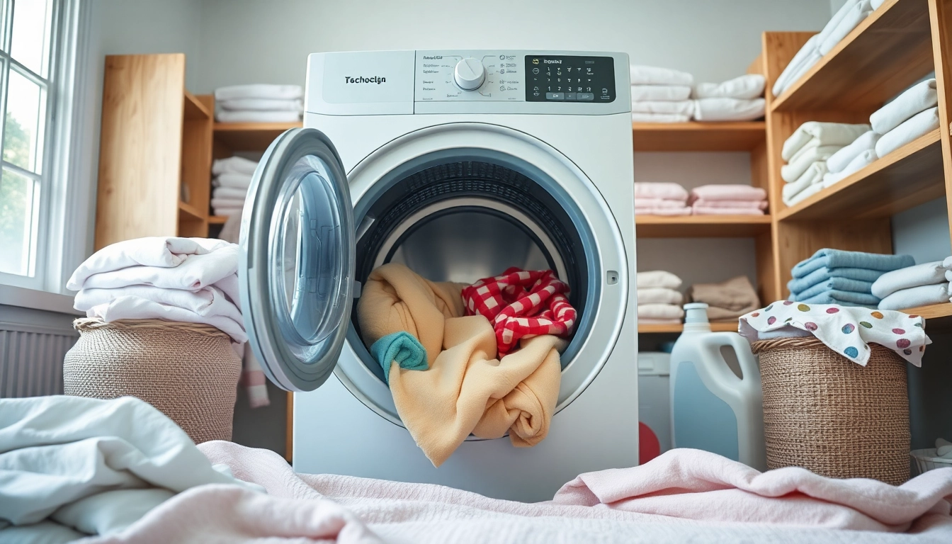 Katoen stof wassen met frisse stoffen in een stijlvolle wasruimte.