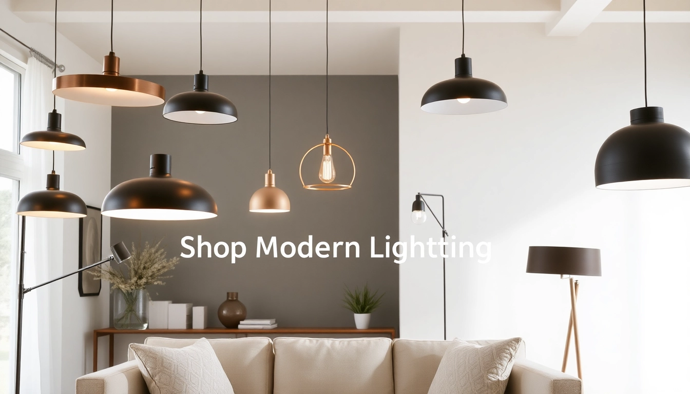 Shop ModernLighting elegant fixtures illuminating a contemporary living room.