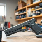 Showcase of the Glock 19 Gen 5 MOS OEM Slide highlighting its precision and detailing in a workshop.