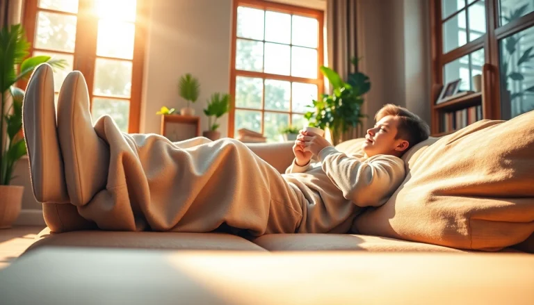 Man in oversized sweatpants enjoying coffee on a cozy sofa in a sunlit living room.