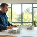 New England residential architect analyzing blueprints in a bright workspace with garden views.
