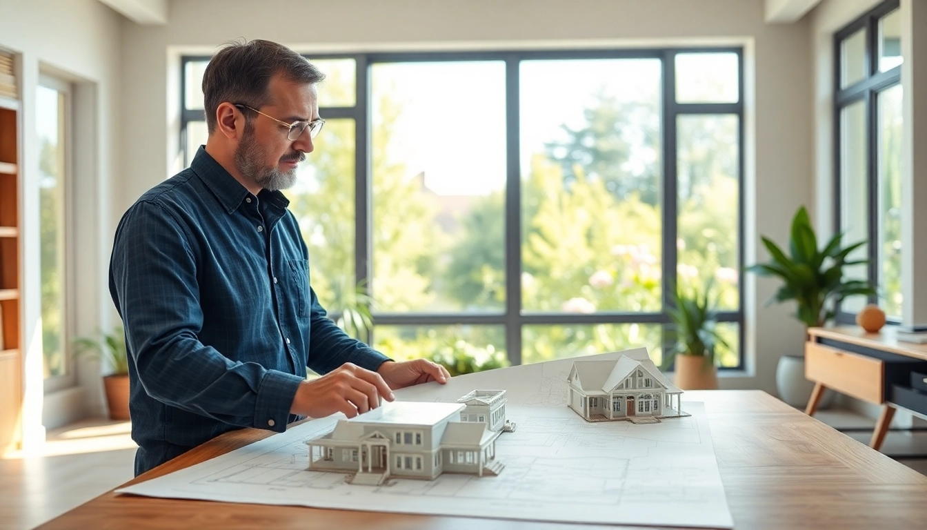 New England residential architect analyzing blueprints in a bright workspace with garden views.