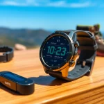 Explore the features of the Explorer Plus GPS Smart Watch on a wooden desk with a nature backdrop.