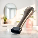 Using an ionic blow dryer for frizz-free, shiny hair in a well-designed bathroom setting.