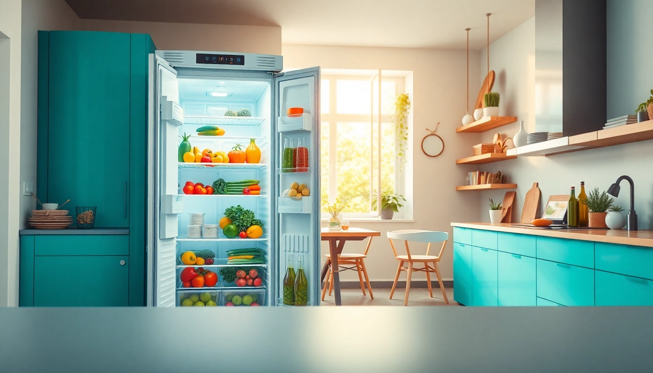 Engaging refrigerator sales display featuring a modern fridge stocked with fresh produce.
