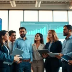Sales teams using a content analytics tool for sales teams to drive data-driven decisions in a modern office.