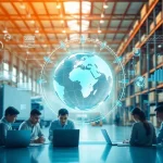 Showcasing AI in supply chain planning, a team collaborates with data analysis and logistics visuals.