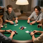 Friends enjoy a poker game night while navigating hidden wiki onion resources for safe betting.