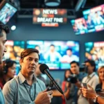 Journalists reporting breaking news in a vibrant newsroom environment.