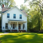 Beautiful cape cod home with elegant porch and verdant landscaping in a sunny setting.