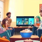 Friends enjoy watching anime series online together in a cozy living room setting.