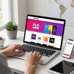 Buy PLR Digital Products with engaging online shopping experience, featuring colorful eBook covers and a motivating workspace