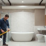 Assessing bathroom renovation cost in a mid-renovation scene showcasing tiles and fixtures.