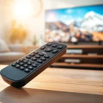 LG Fernbedienung 42 auf einem eleganten Couchtisch neben einem modernen Fernseher.