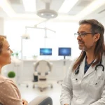 Plastische Chirurgie Hamburg: Facharzt im Gespräch mit Patientin über Optionen in der Klinik.
