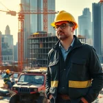 New York City General Contractor managing a bustling construction site with skyscrapers in the background.