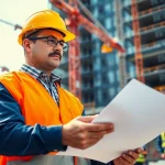 Manhattan Construction Manager supervising a construction site with blueprints in hand.