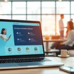 Showcase of enterprise assistant software interface highlighting features in a modern office environment.