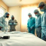 Bed bug exterminators conducting a thorough inspection of a bedroom for pest control.