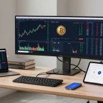 Trusted cloud mining company workspace with Bitcoin price charts, DeFi platforms, and crypto wallet displays