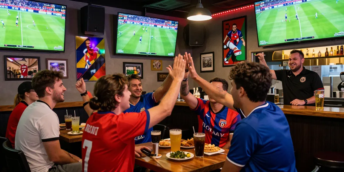 Fans celebrating during a live kora tv football match in a vibrant sports bar.