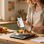 Engaged individual using the best food tracker app to prepare a healthy meal with fresh ingredients in a cozy kitchen.