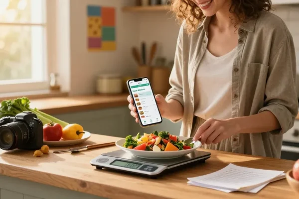 Engaged individual using the best food tracker app to prepare a healthy meal with fresh ingredients in a cozy kitchen.